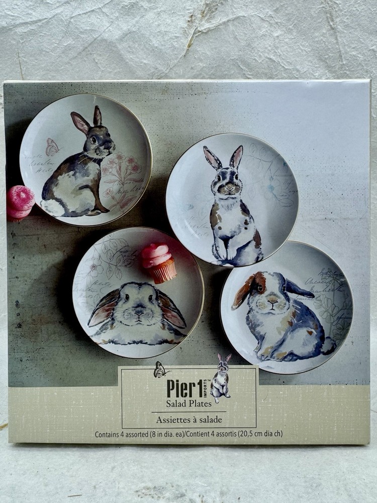 Pier 1 Imports 4-Pack Easter Bunny Rabbit 8-Inch Gray Brown Salad Dessert Plates