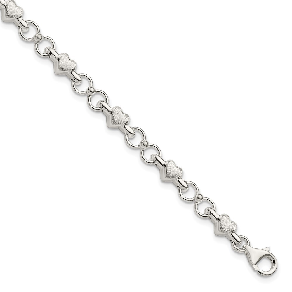 Sterling Silver Polished and Brushed Hearts and Circles Bracelet 7.5