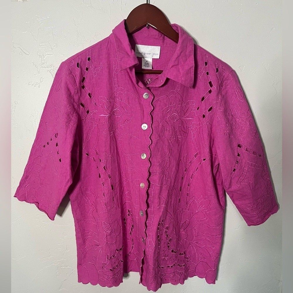 Susan Graver 3/4 Sleeve Battenberg Lace w Eyelet Cut Linen Blend Blouse Medium