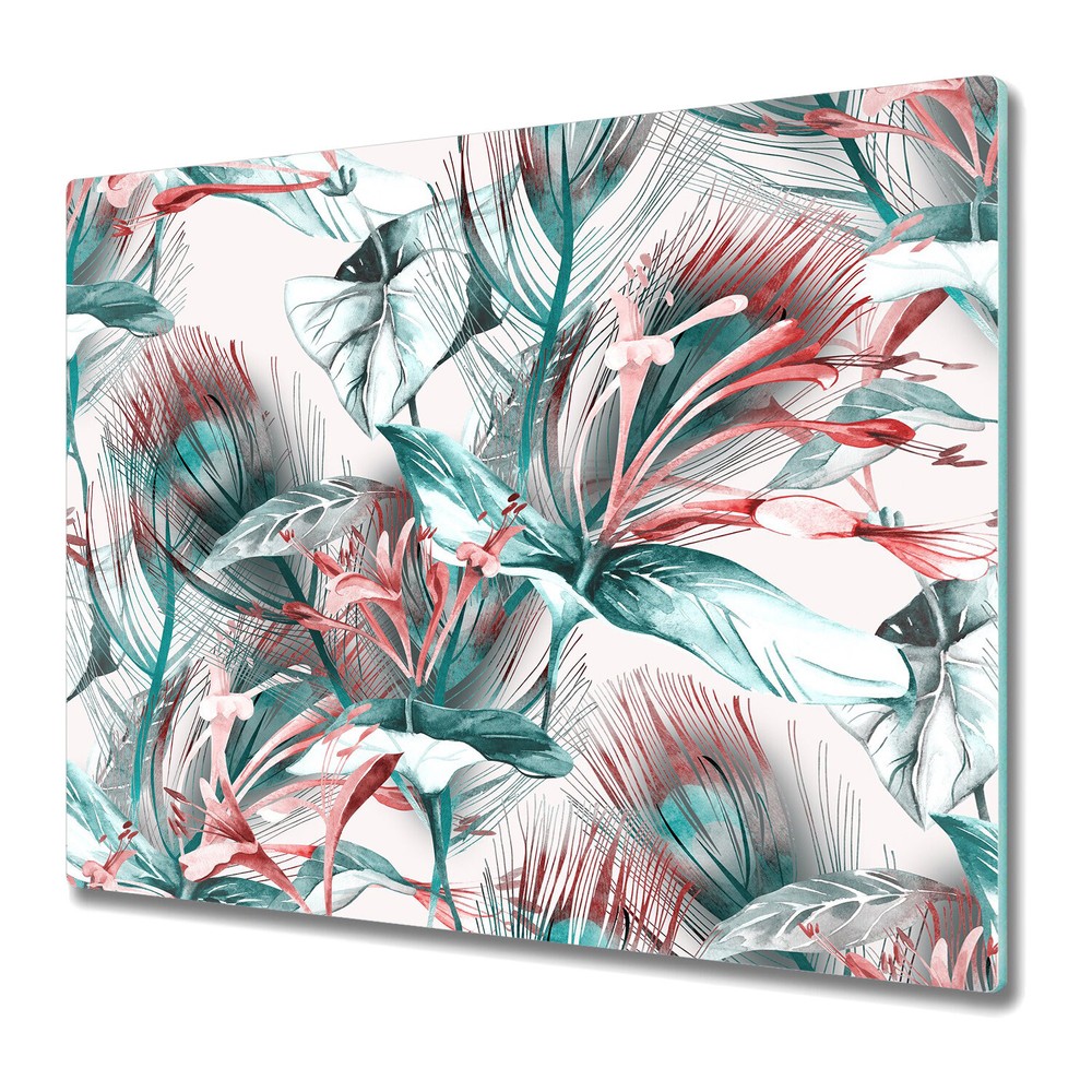 Glass Kitchen Chopping Board Mint Thicket | Tropical Floral Drawing | 60x52