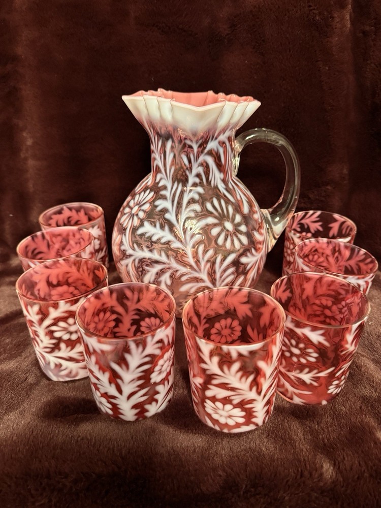 Fenton Cranberry Opalescent Fern Optic Ruffled Mouth Pitcher And 8 Tumblers