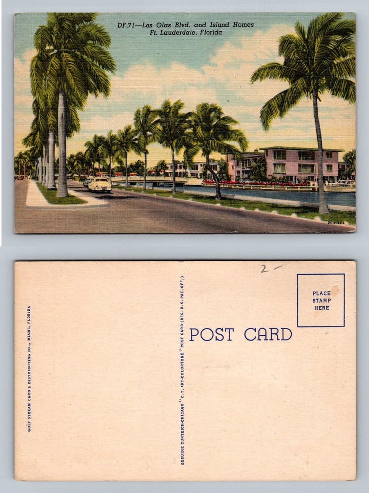Fort Lauderdale, Florida, Las Olas Blvd Palm Drive Island Homes Vintage Postcard