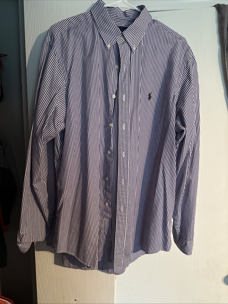 Ralph Lauren Men Button Down Shirt XL Purple White Striped Custom Fit Office