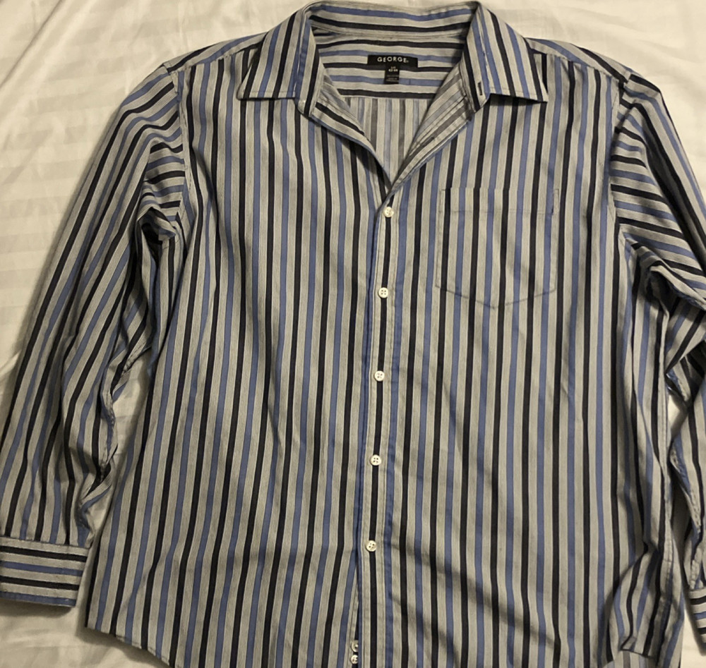 George Men's Blue Striped Long Sleeve Cotton Button-Up Shirt Size L 42-44