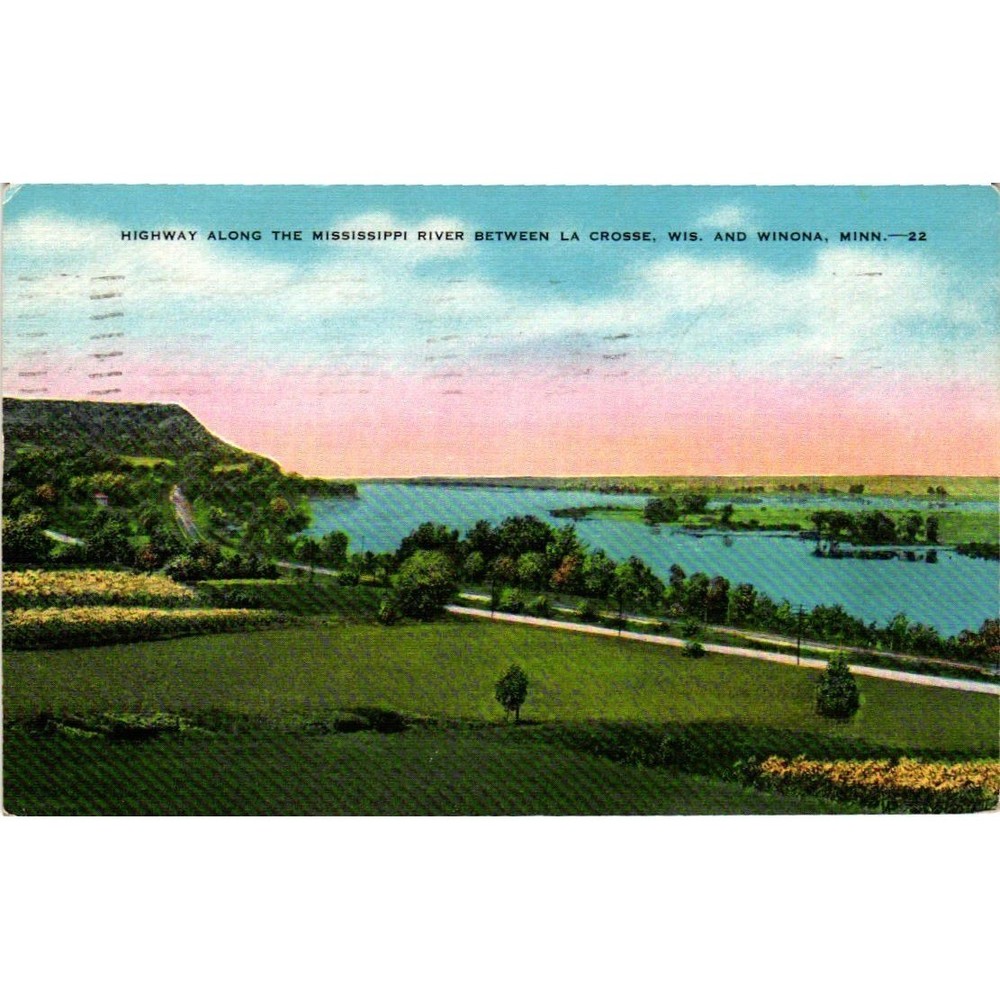 Vintage 1942 Mississippi River Highway Postcard La Crosse WI Winona MN Linen