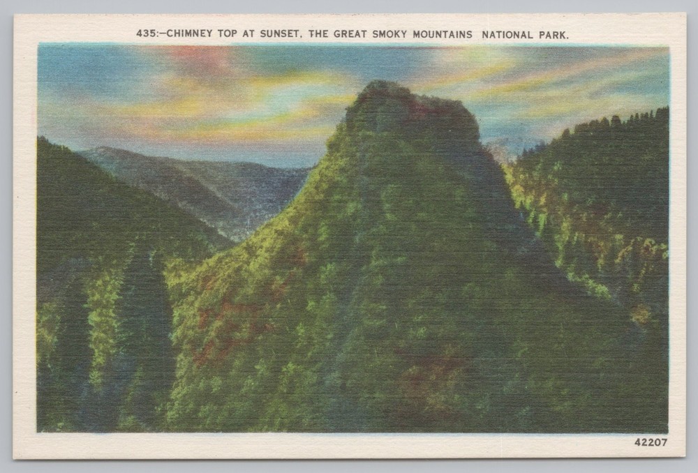 Linen~Chimney Top @ Sunset~Great Smoky Mtns Nat'l Park~Vintage Postcard