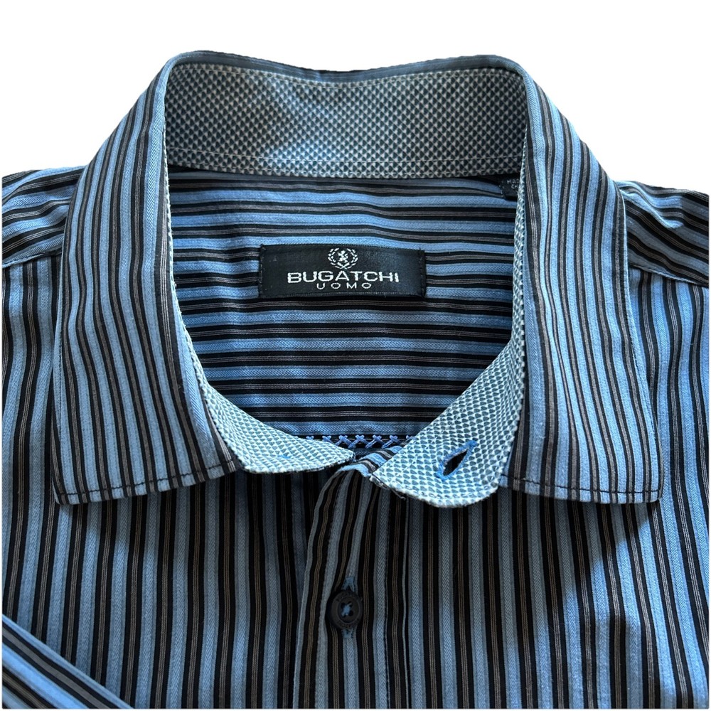 Bugatchi Uomo Mens XL Long Sleeve Button Up Contrast Flip Cuff Blue Stripe Shirt