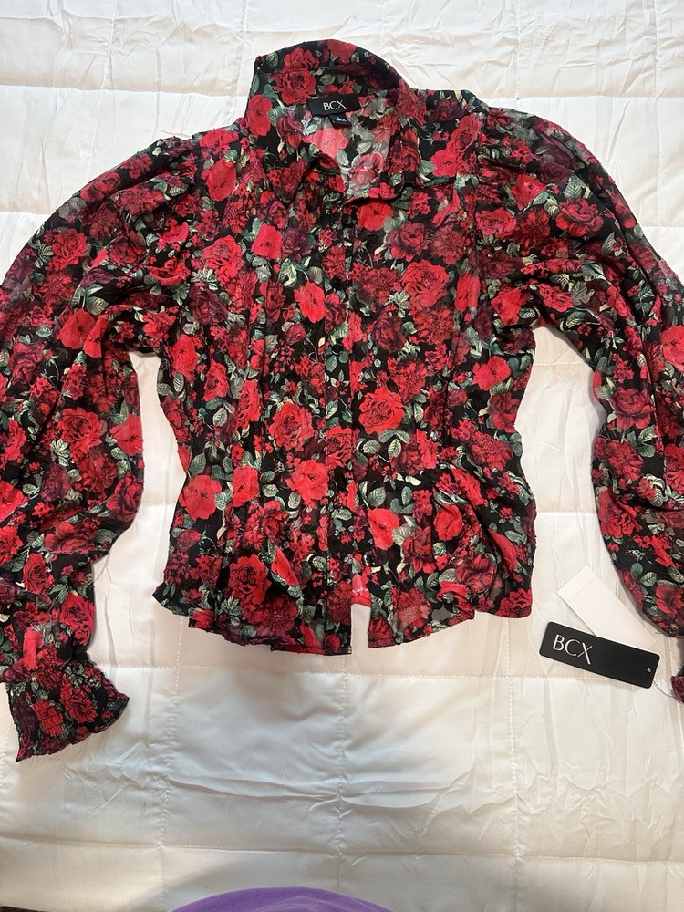 BCX Floral Chiffon Button Collared Puff Long Sleeve Blouse Red Green Black L