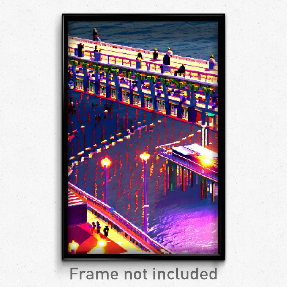 8-Bit Crowded Pier Pixel Art Psychedelic Trippy Poster