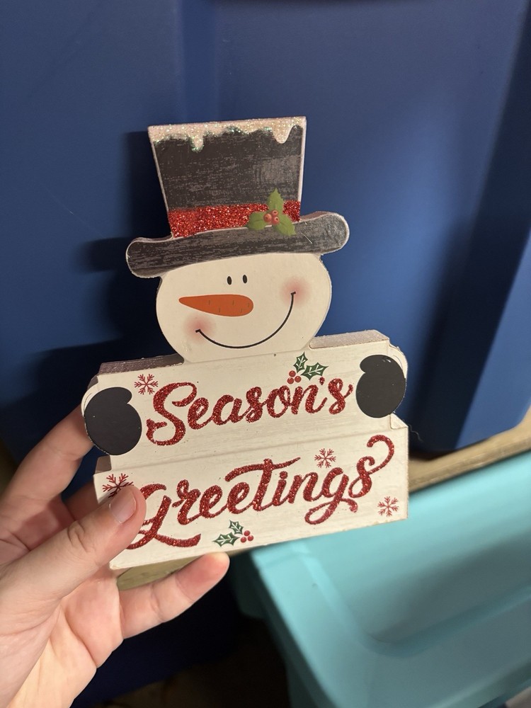 Greenbrier Season's Greetings Snowman wooden table top sign
