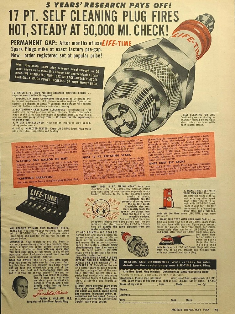 Life-Time Spark Plugs Culver City CA Research Pays Off Vintage Print Ad 1955