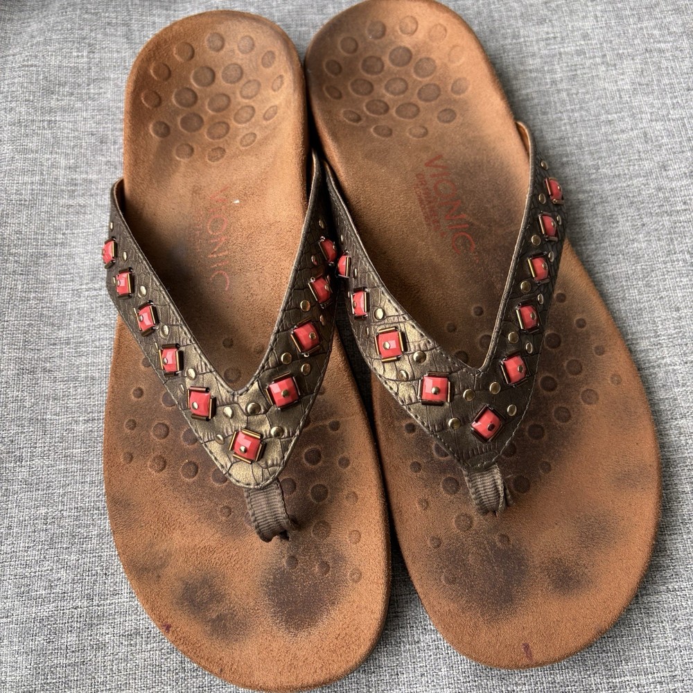 Vionic Womens Floriana Bronze Coral Beaded Thong Flip Flops Size 10