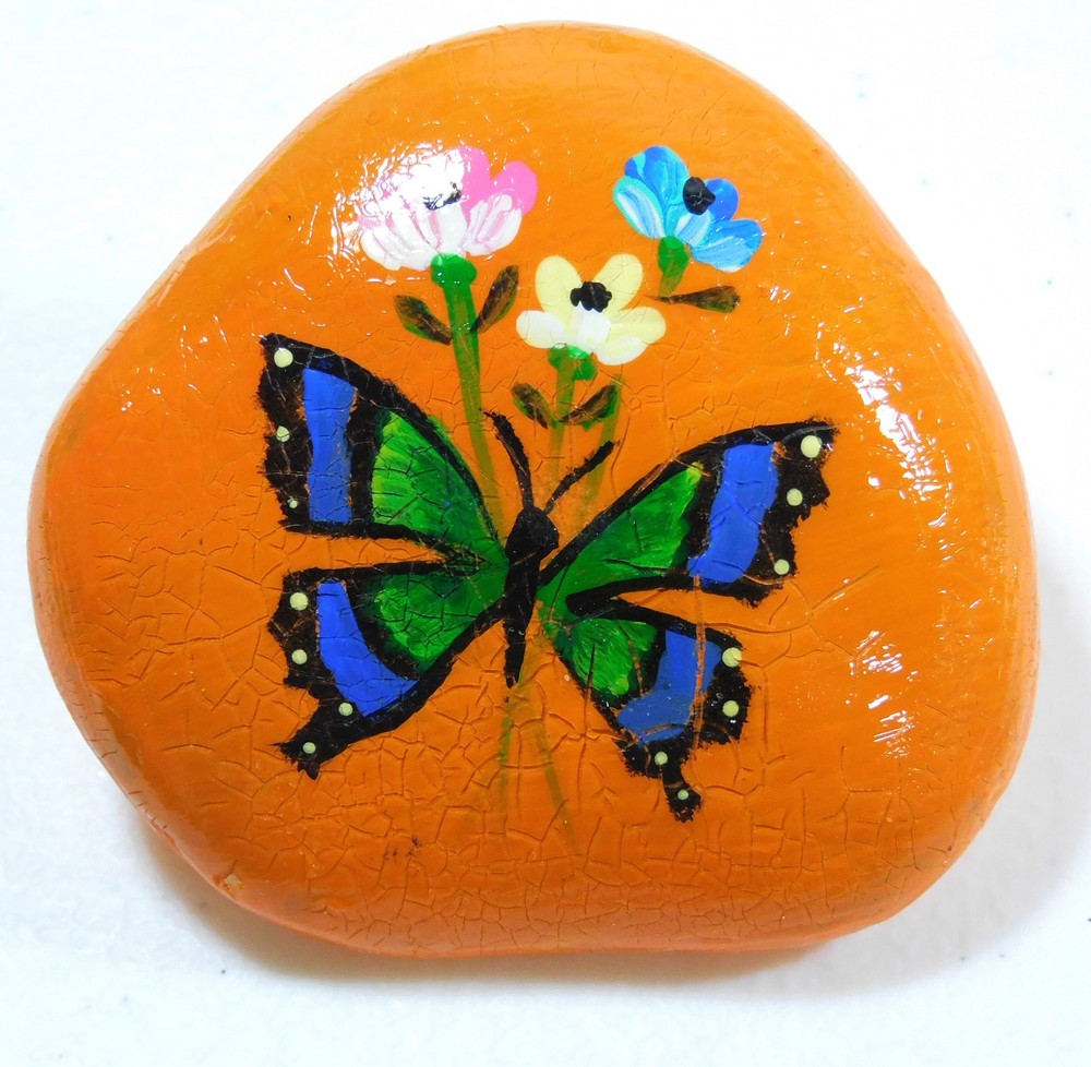Flowers & Butterfly Hand painted rock Stone art Orange