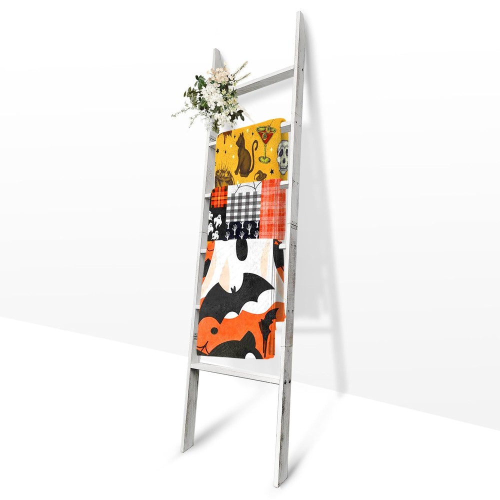 6-Tier Decorative Wooden Blanket Ladder - 5.5 Ft Wall-Leaning Quilt and Towel...
