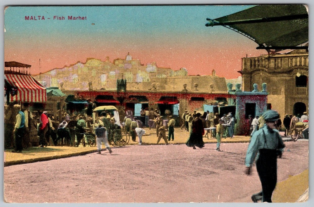 Antique Postcard Fish Market Scene Malta 1910s