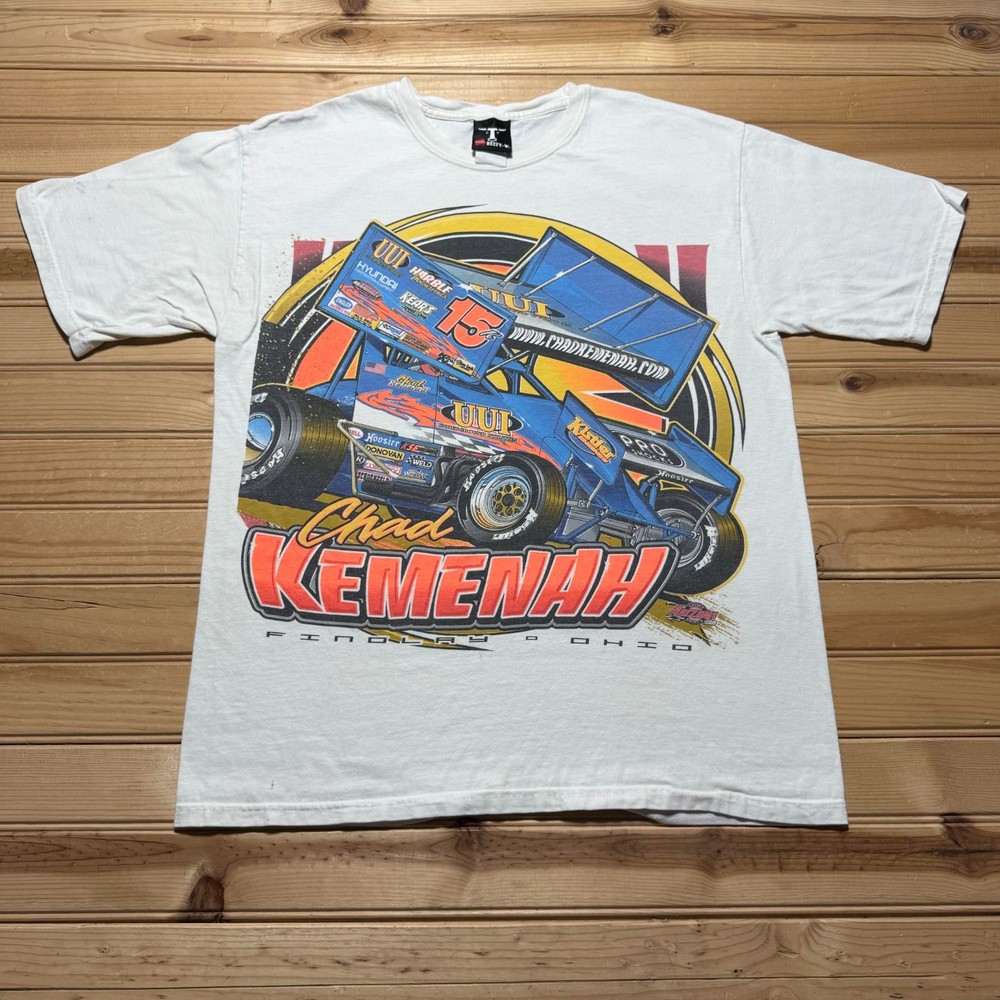 Vintage Y2K 2004 Hanes Chad Kemenah Sprint Car Racing Ohio Signed T-Shirt Medium