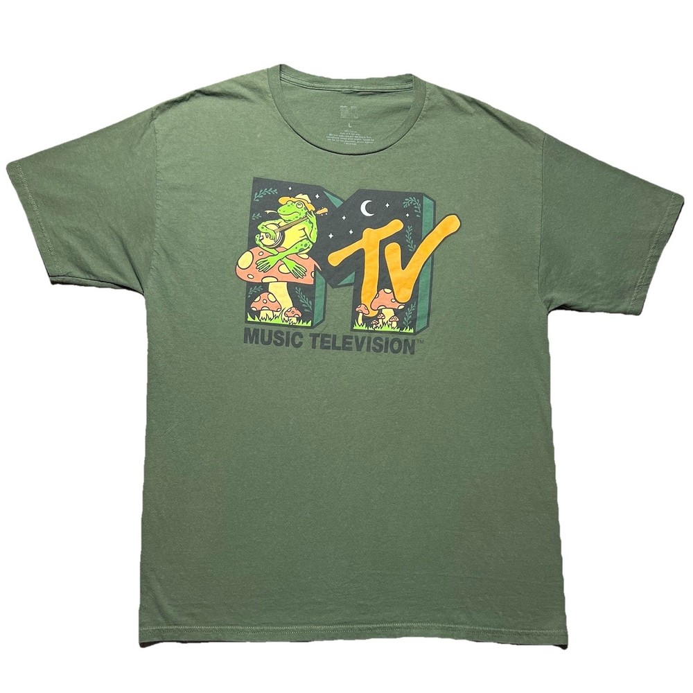 MTV Music Television Frog Banjo Mushroom Graphic T Shirt Mens Large Olive Green