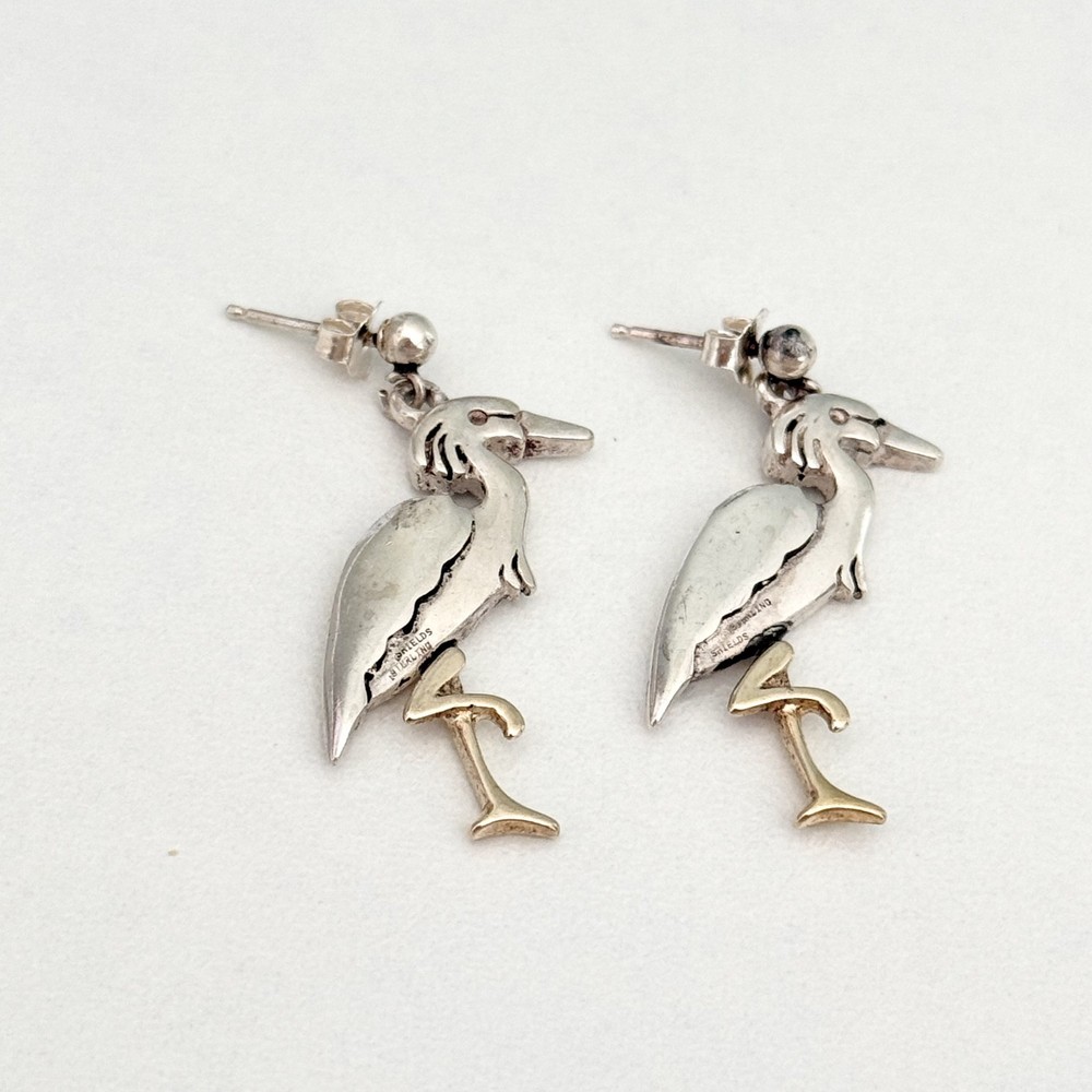 Vintage 925 Sterling Silver & 14K Gold Two Tone Heron Bird Dangle Earrings