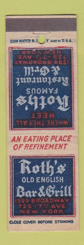 Matchbook Cover - Roth's Old English Bar Grill New York City