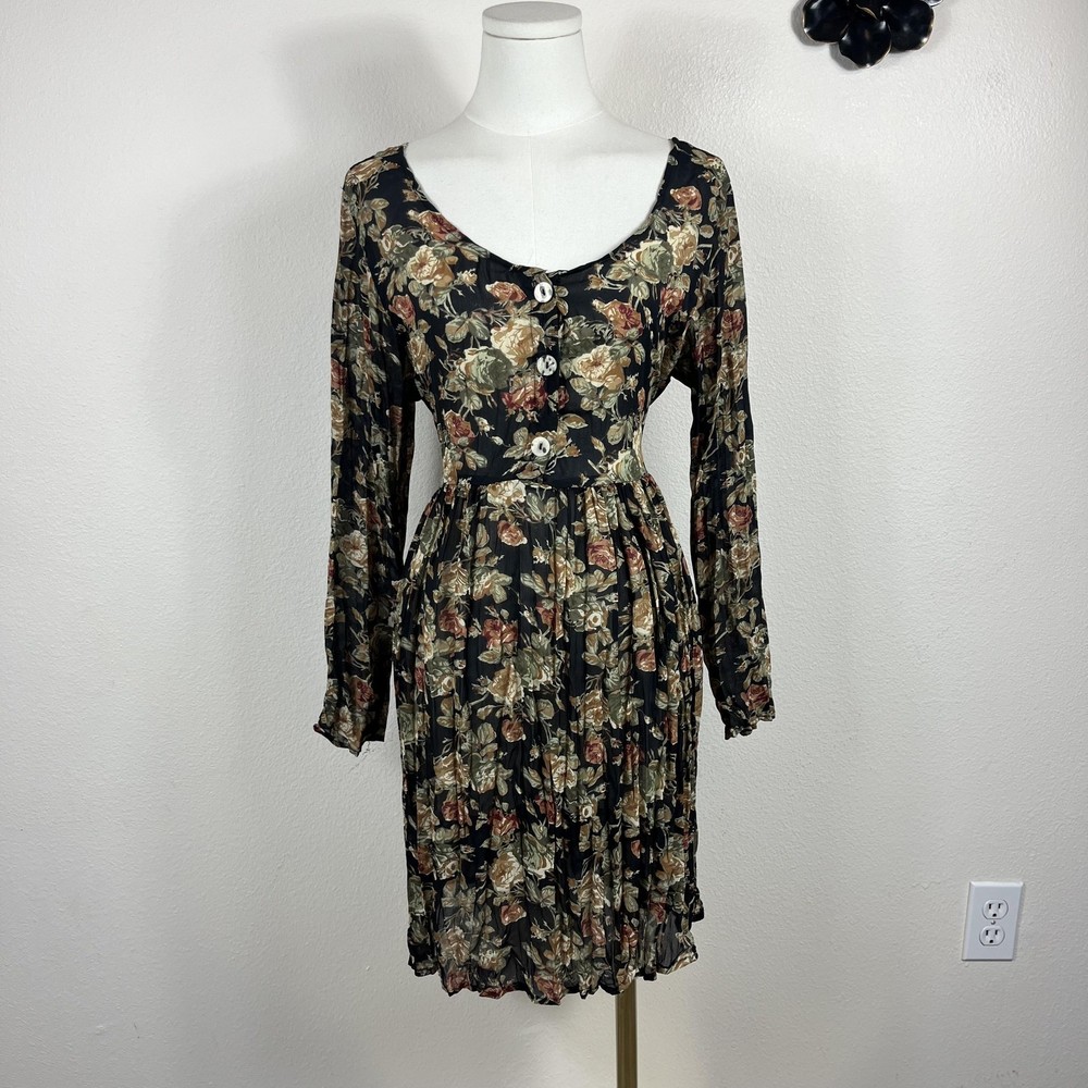 Vintage Dress Womens Small Dark Floral Boho Mini Cottagecore Sheer 90s Grunge