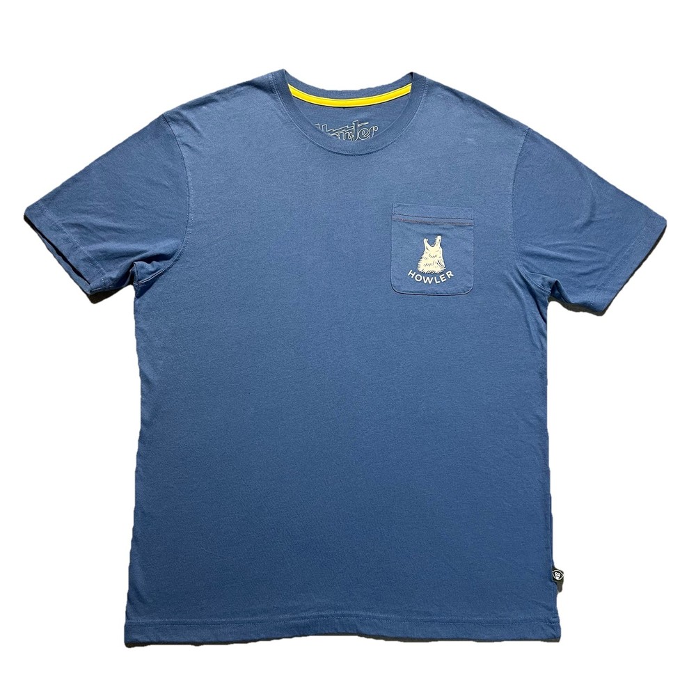 Howler Bros Wolf Back Print Tee Blue Mens L Outdoor Pocket Shirt