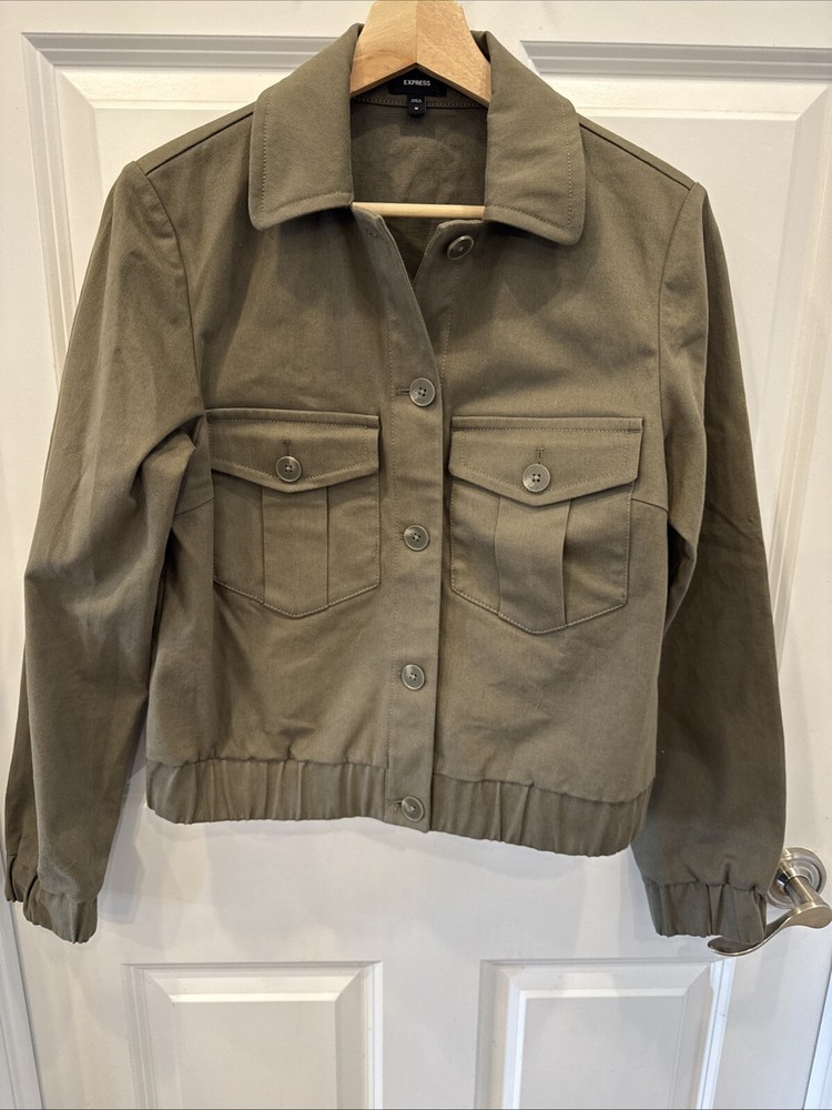 Express Cropped Boxy Military Jacket Olive Green Size M