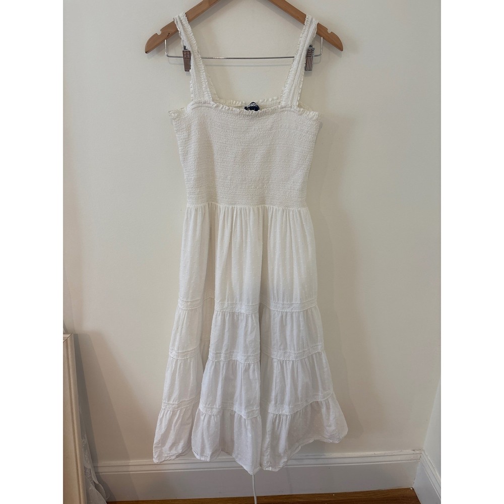 Lands End White Smocked Tiered Midi Dress Cotton Square Neck Casual Beach Size M
