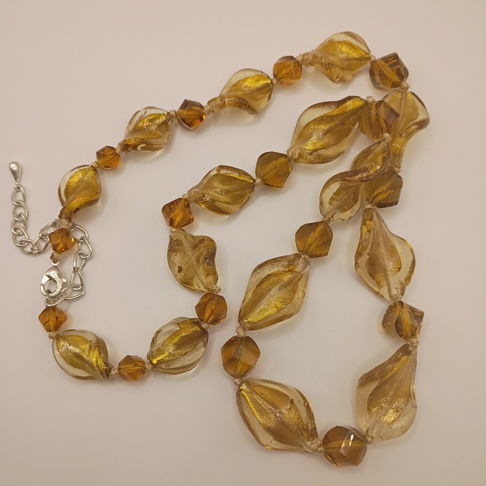 Vintage Czech Glass Necklace Amber Gold Foil Hand Knotted Art Twisted Beads 24