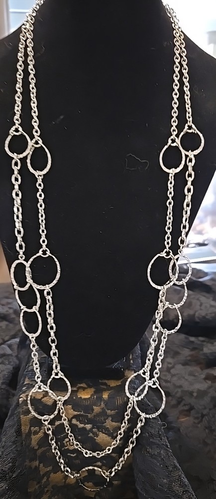 VTG Estate Shiny 2 Strand Ring Chain Silver Tone Metal Chain Necklace 32