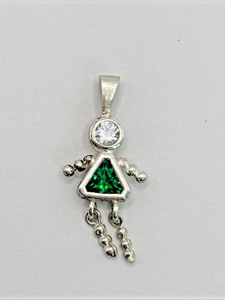 Vintage .925 Sterling Silver Necklace Pendant Girl Charm with Green Birthstone