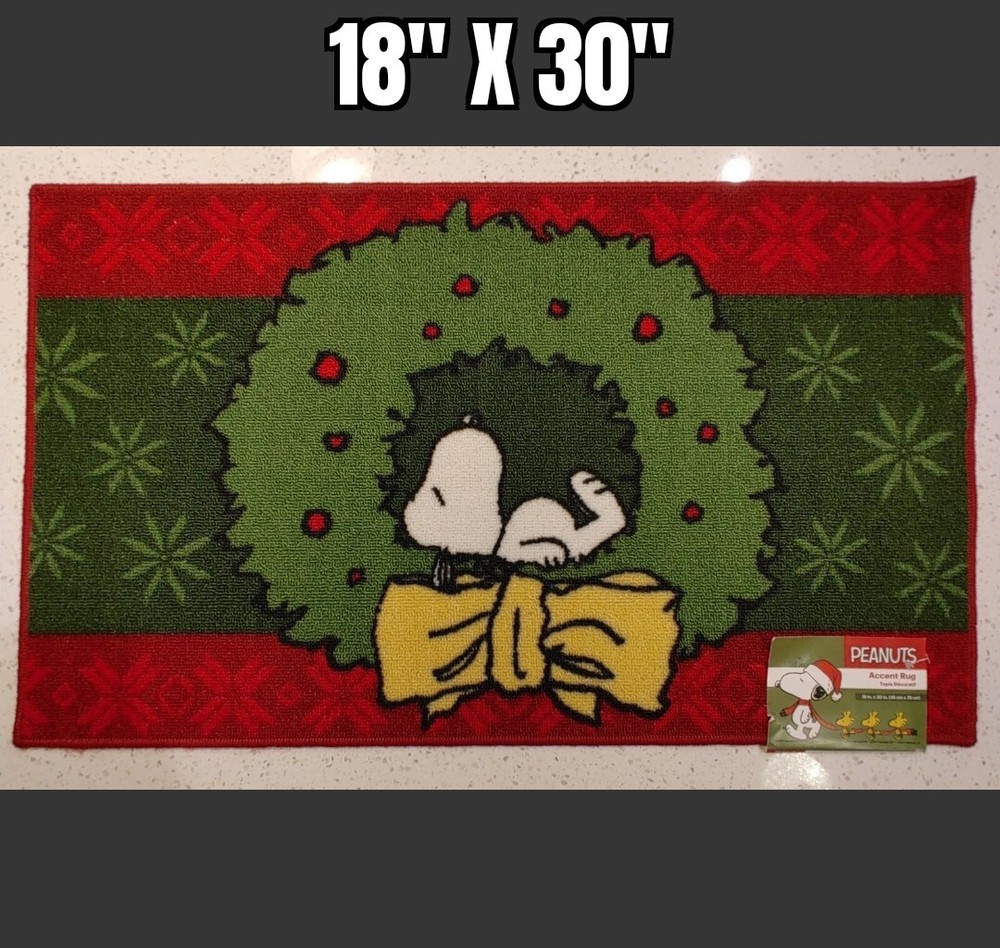 Snoopy Christmas Peanuts Themed Holly Red Green Decorative Rug Mat 18x30 Inches-image