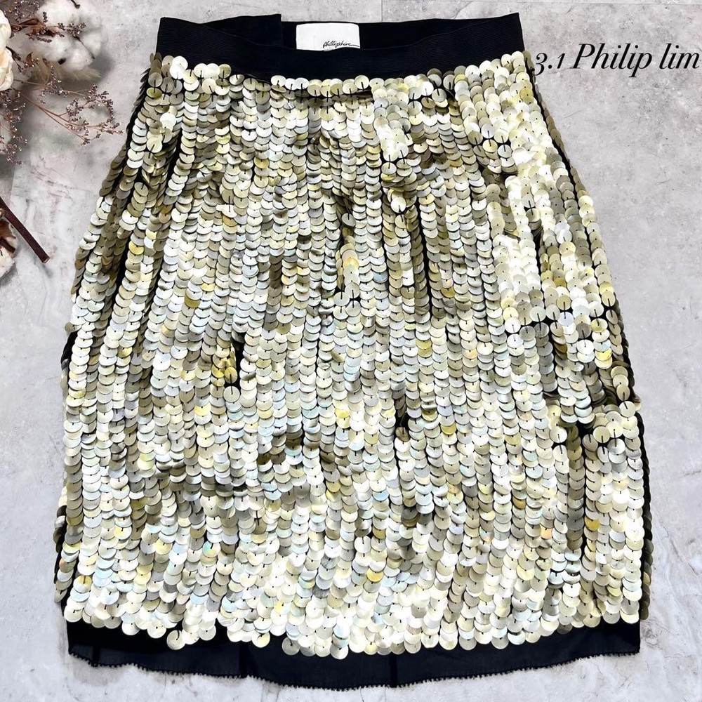 3.1 Phillip Lim Gold Paillette Sequin Silk Skirt Metallic Party Wear Size S Japa
