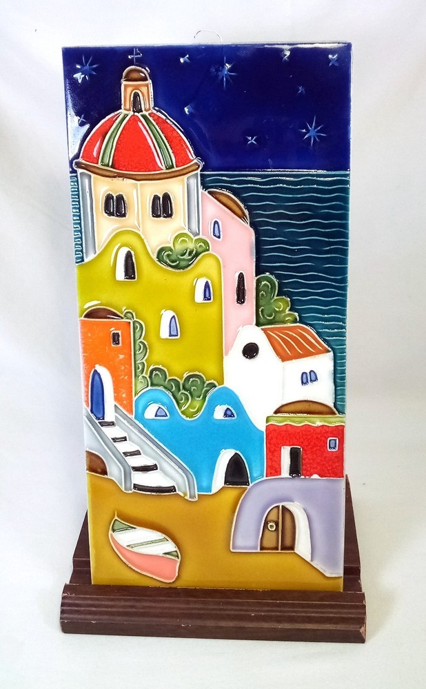 Vintage Hand Painted Amalfi Coast Italian Village Ceramic Tile Creazioni Style