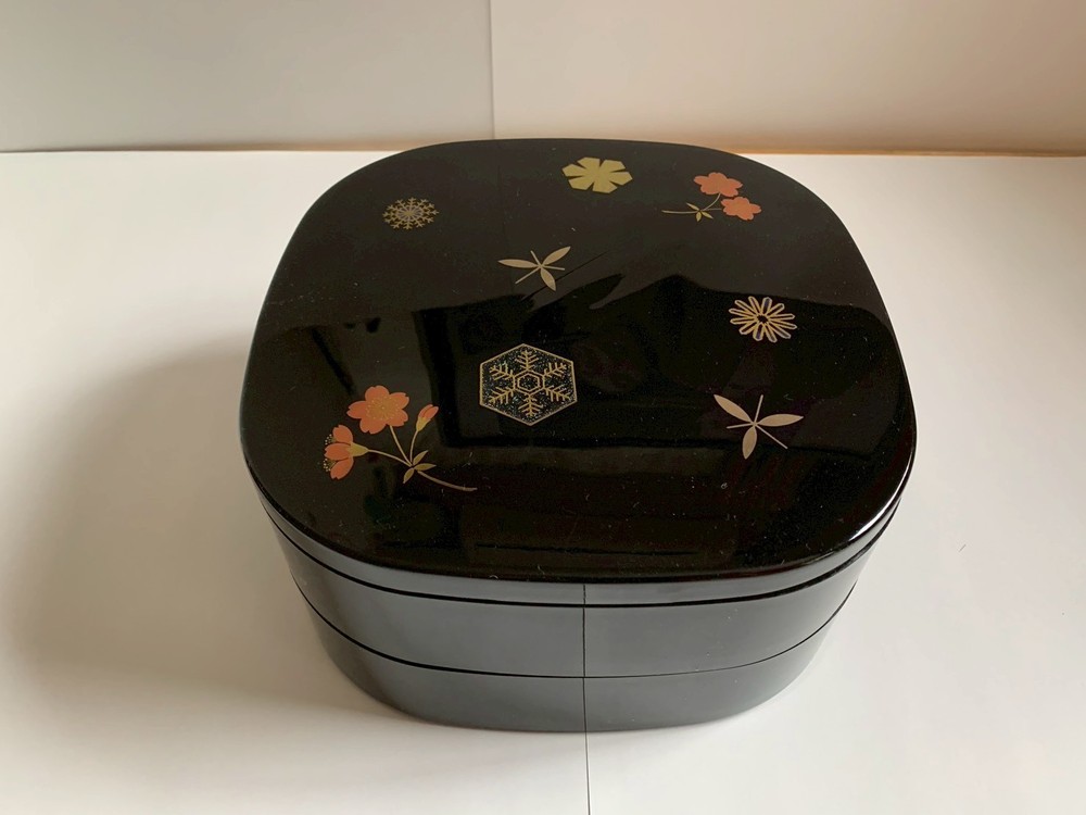 Vintage Japanese Lacquer Jubako Bento Food Box 2 Tier Black Gold 24×24×19cm
