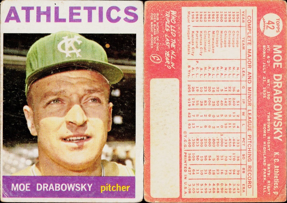 1964 Topps Baseball Card #42 Moe Drabowsky Kansas City Athletics