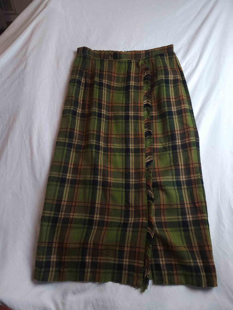 Vintage 90s Sag Harbor Maxi Skirt 12P Plaid Green Brown Fringe Heritage Chic