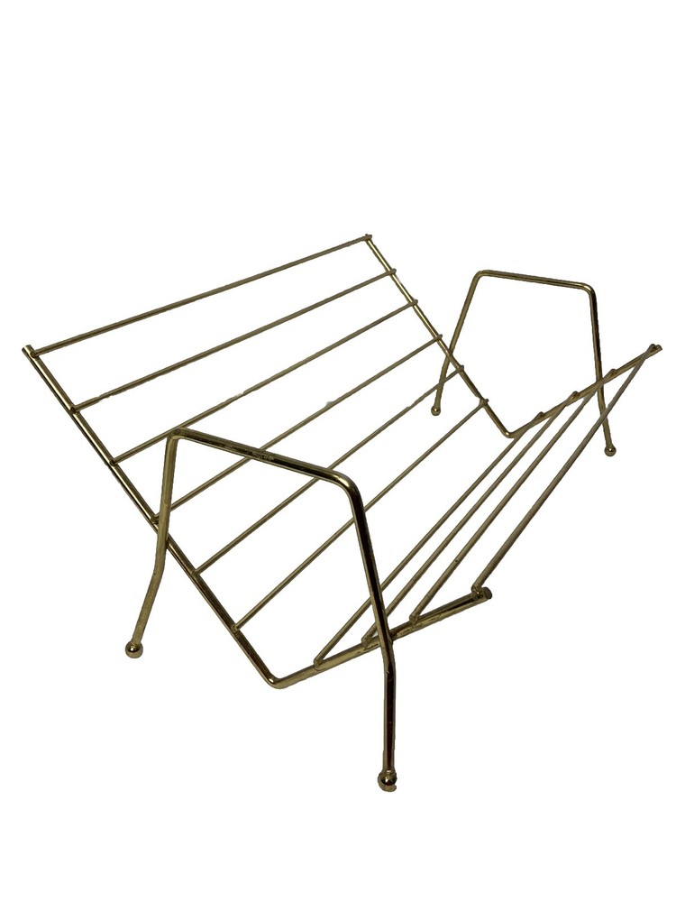 Mid-Century Modern Record Album Magazine Rack Stand Table Top Gold Metal Vtg