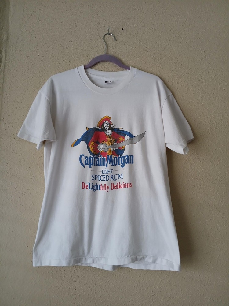 Vintage Captain Morgan Shirt Mens Large White Rum Advertising Made USA Anvil 90s
