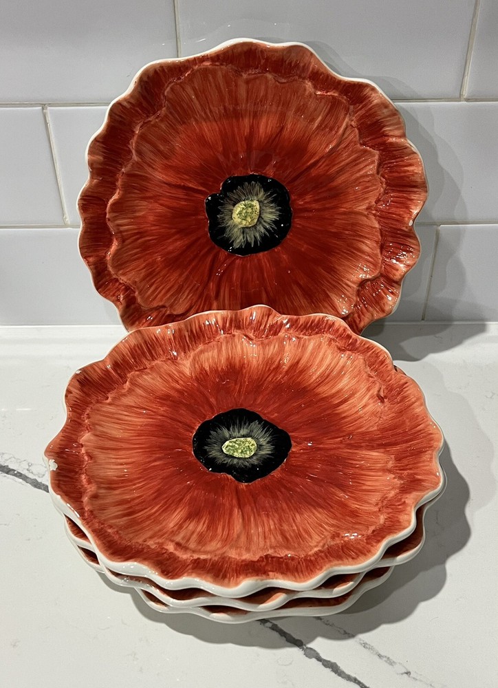 Set of 4 Certified International Corp Red Poppy Flower Plate 8
