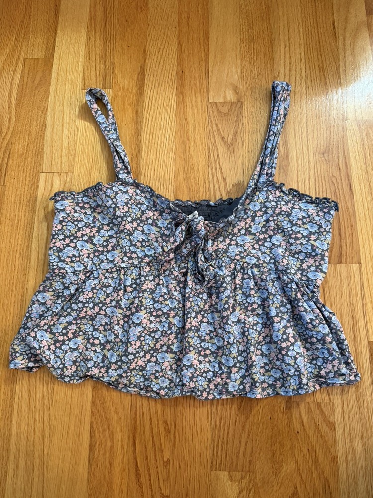 American Eagle Navy Blue Floral Ruffle Tie Tank Top with Adjustable Straps Large