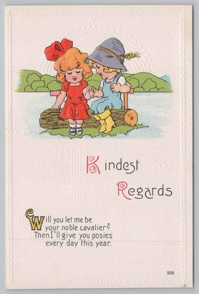 Greetings~Kindest Regards~Boy & Girl Sit on Log Bench~Vintage Postcard