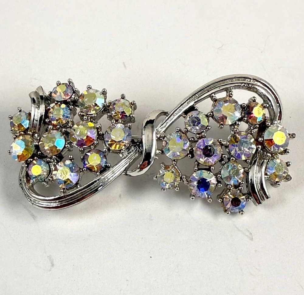 Vintage Aurora Borealis Rhinestone Silver Tone Bow Brooch