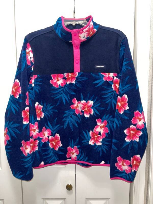 Women's LANDS' END Navy Multi Fleece Snap Neck Pullover Sweatshirt-Size L-EUC