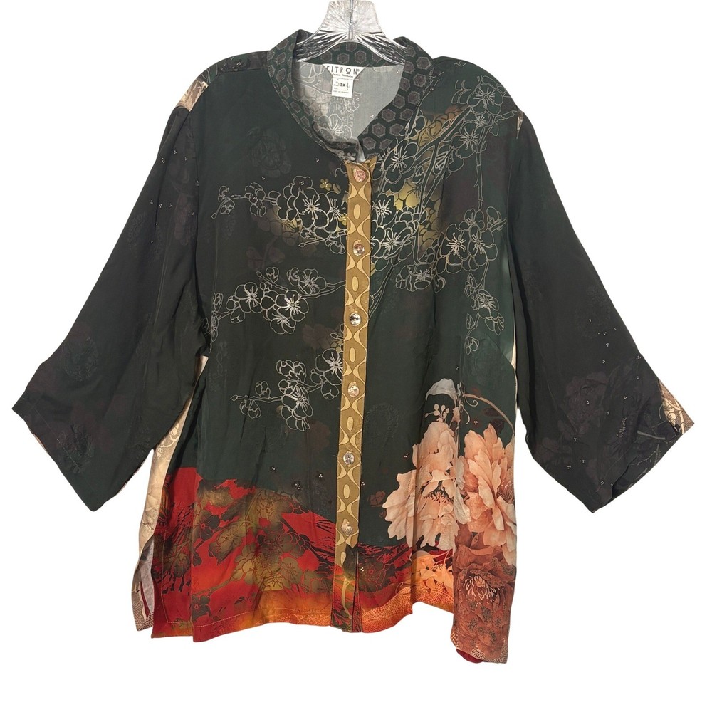 Citron Womens Silk Button Down Blouse 3X Artsy Botanical Floral Asian Print Top