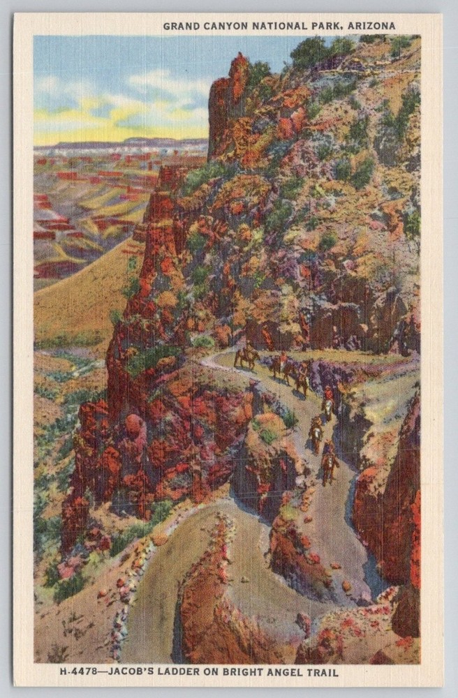 Grand Canyon Jacob's Ladder Bright Angel Trail Fred Harvey Linen Postcard