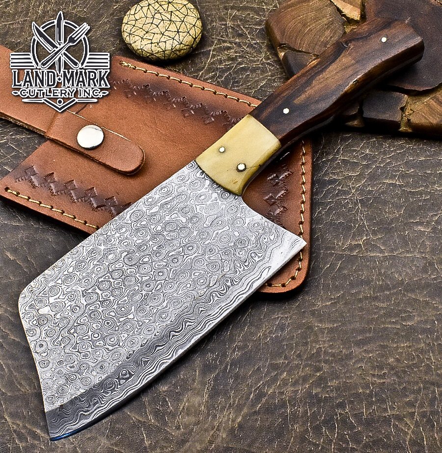 CUSTOM HANDMADE DAMASCUS KITCHEN CHEF CLEAVER WITH  WOOD & BONE BOLSTER HANDLE