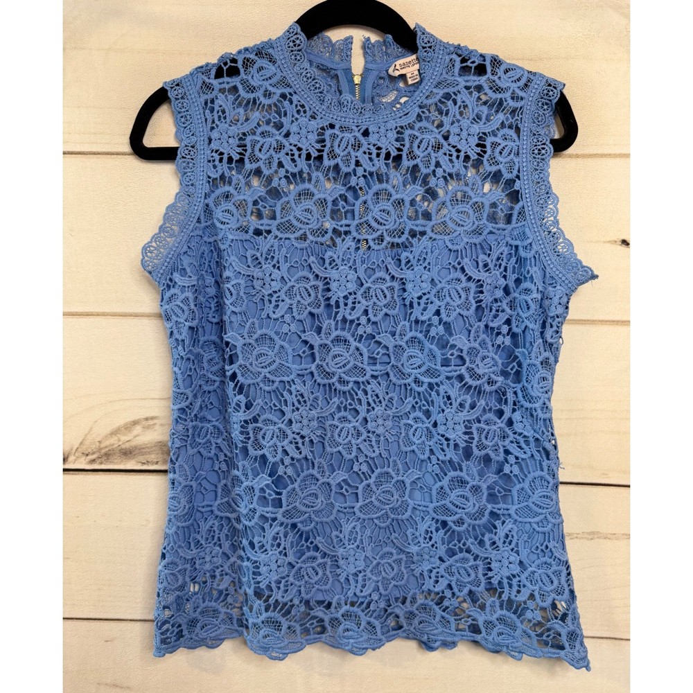 Nanette Lepore Blue Floral Crochet Lace Mock Neck Sleeveless Top Blouse Medium