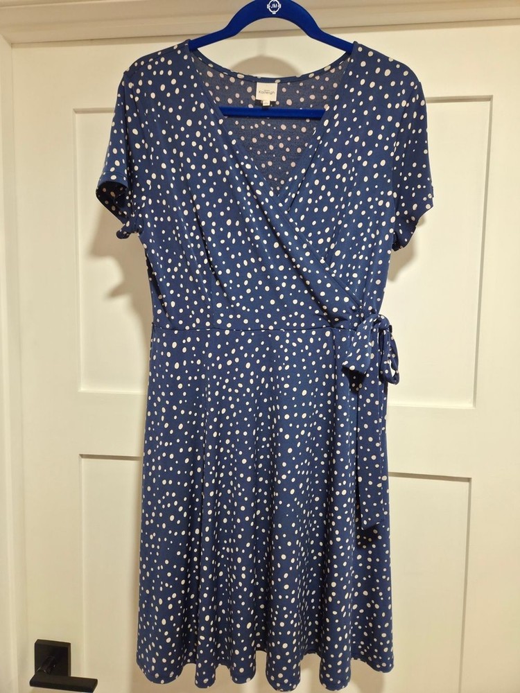 Kaileigh Navy Blue Polka Dot Faux Wrap Dress L Stitch Fix Modest Business Casual