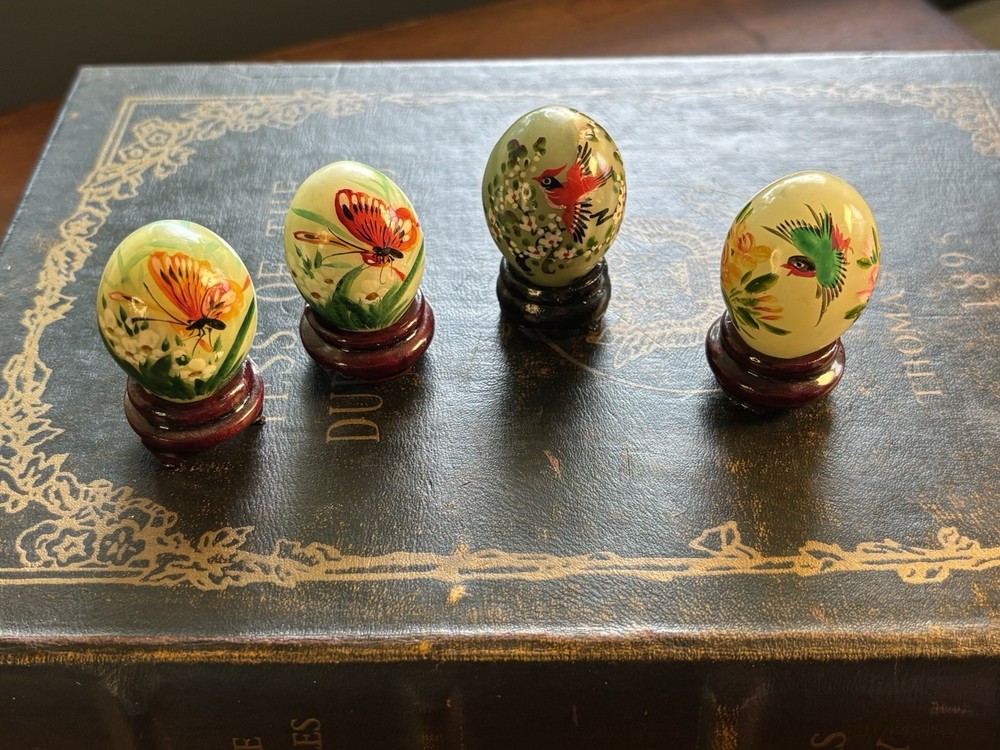 Set of 4 Vintage Hand Painted Jade Eggs with Birds & Flowers on Wood Stands Nice