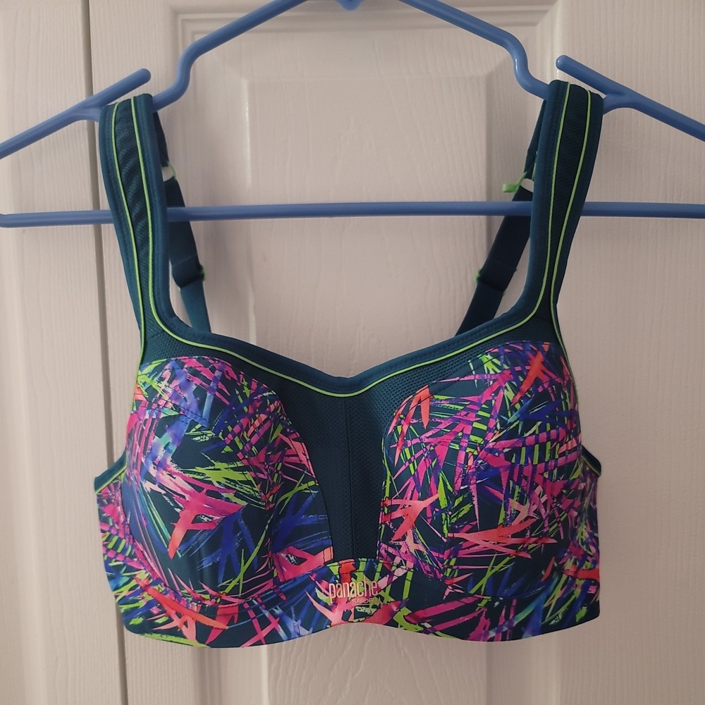 Panache 5021A Underwired Sports Bra Teal Neon Abstract Palm 32D New w/o tags-image